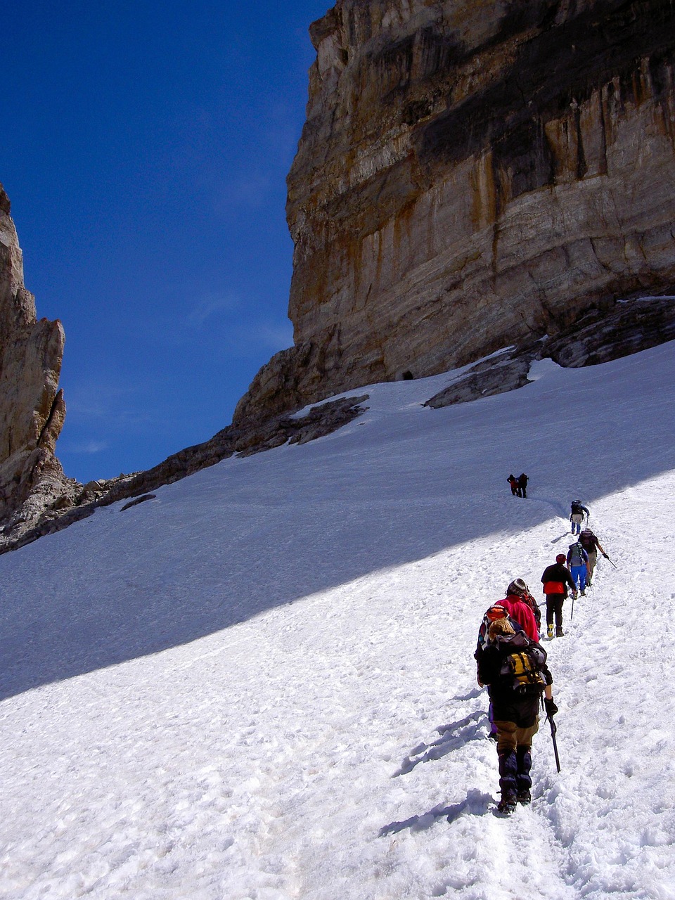 mountain, snow, mountain climbing, step, rock, italy, winter, walk, nature, dolomites, landscape, white, cold, sun, hiking, ice
